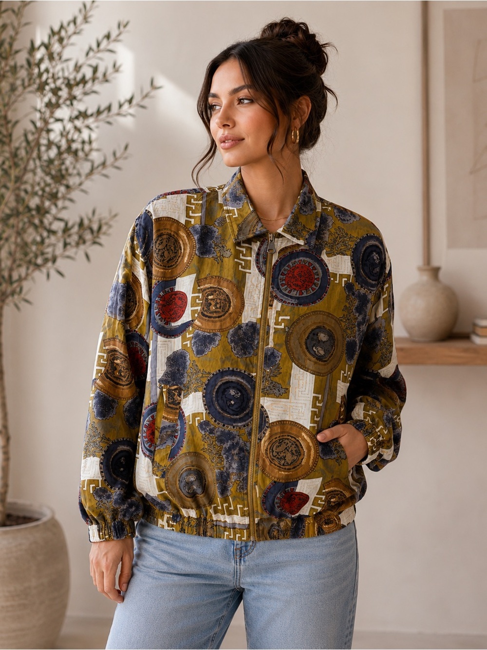 Vintage Fuda International Silk Bomber Jacket Medallion Print Size L Like New